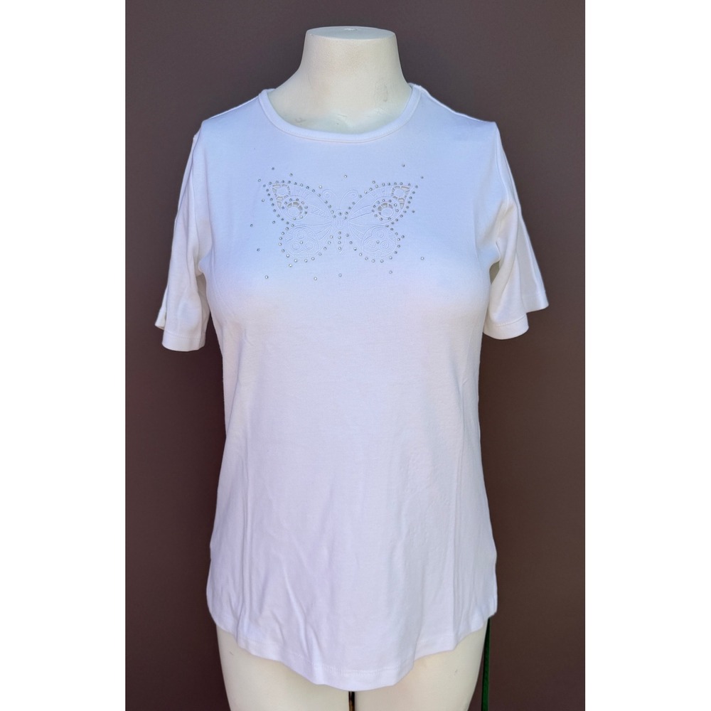 Quacker Factory White Butterfly Eyelet Rhinestone Shirt XS Cottagecore Fairy Tee